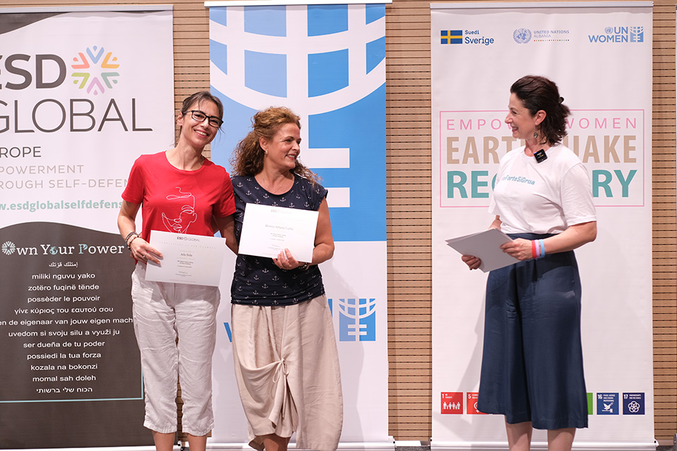 High school teachers certified as Self-Defense Empowerment instructors after receiving a training supported by UN Women and providing classes on empowerment through self-defense to young school students and community members. Photo: UN Women Albania