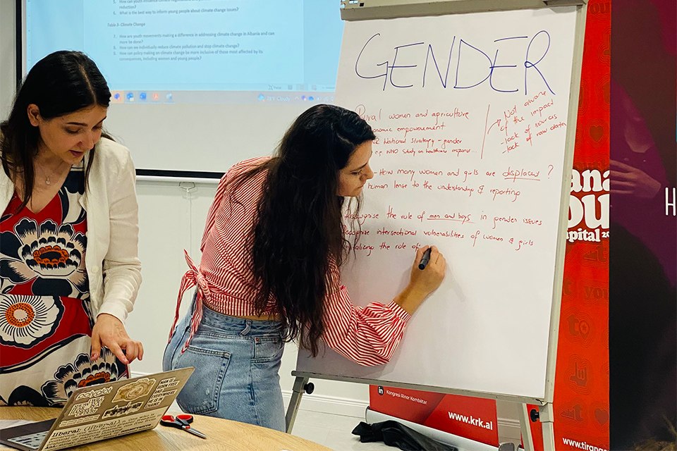 Participants at the workshop brainstorm on gender-responsive solutions to tackling climate change. Photo: UN Women. N’Dongo Athie & Ira Topalli, Tirana European Youth Capital