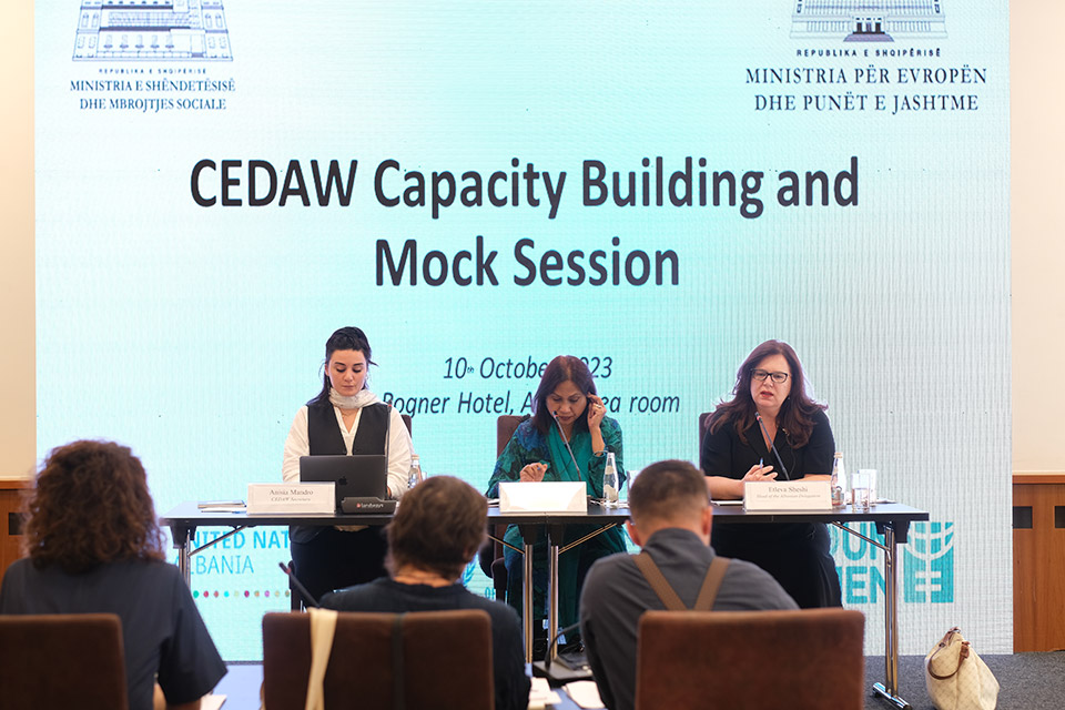 (right) Etleva Sheshi, the Head of the Albanian Delegation to the CEDAW Committee speaking at the mock session in Tirana, Albania. Photo: UN Women Albania