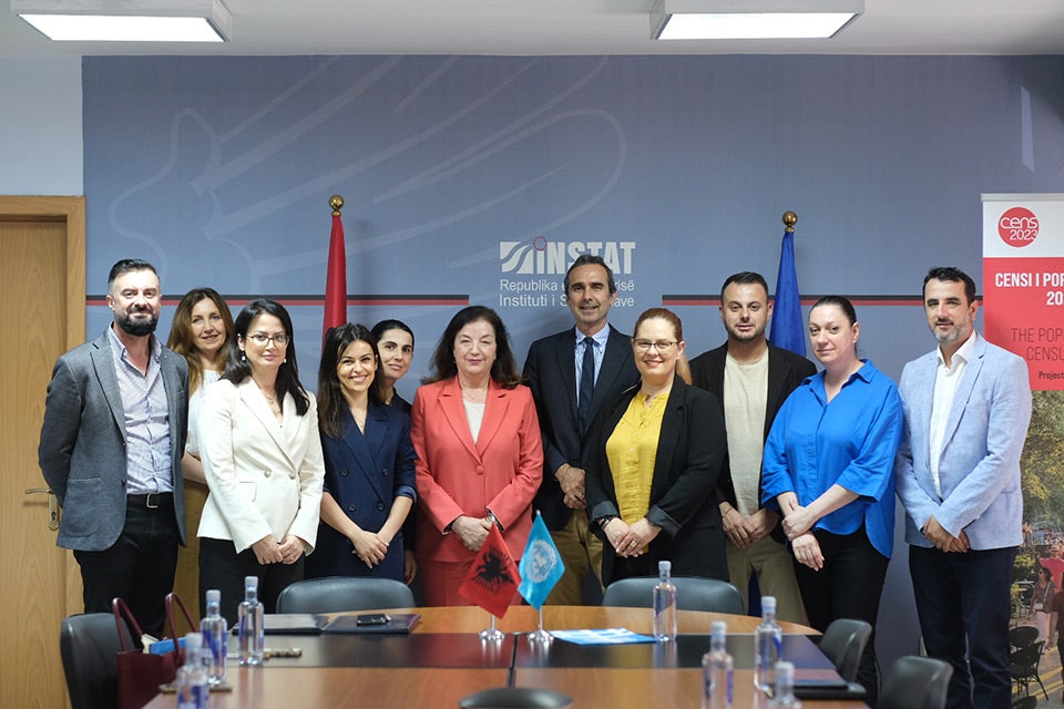 The Albanian Institute of Statistics (INSTAT) and UN Women staff at the signing of the Memorandum of Understanding. Photo: UN Women