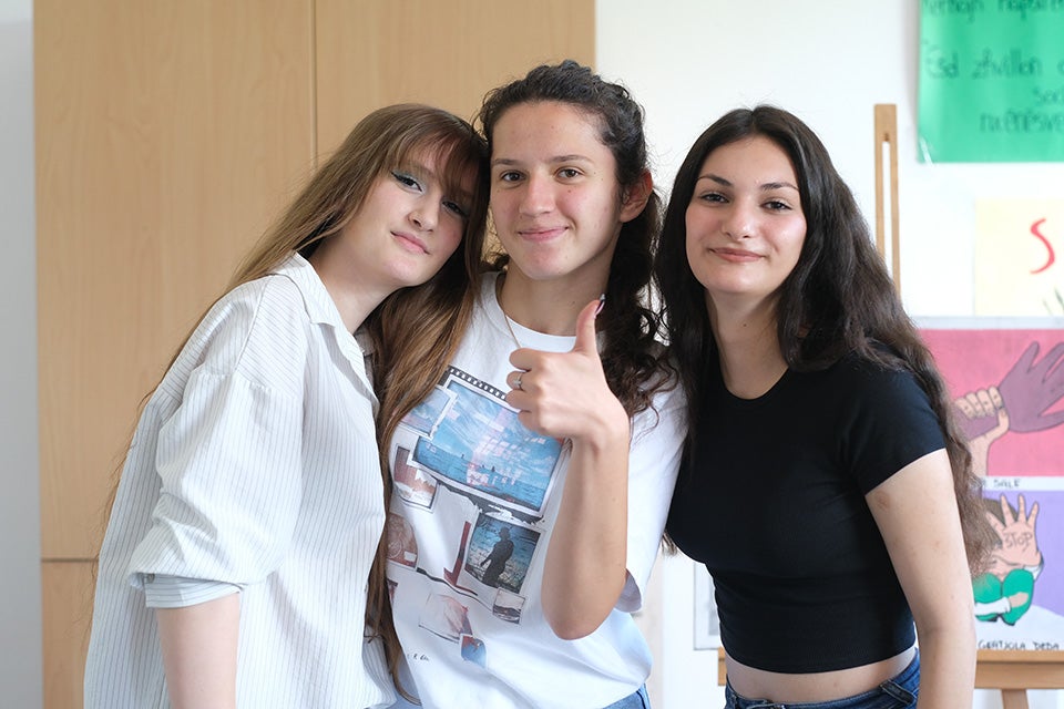 (Left to right) Paola Frroku, Klara Ndreca and Angjelina Moli at their ESD class, “Karl Gega” high school, Lezhë, Albania. Photo: UN Women Albania