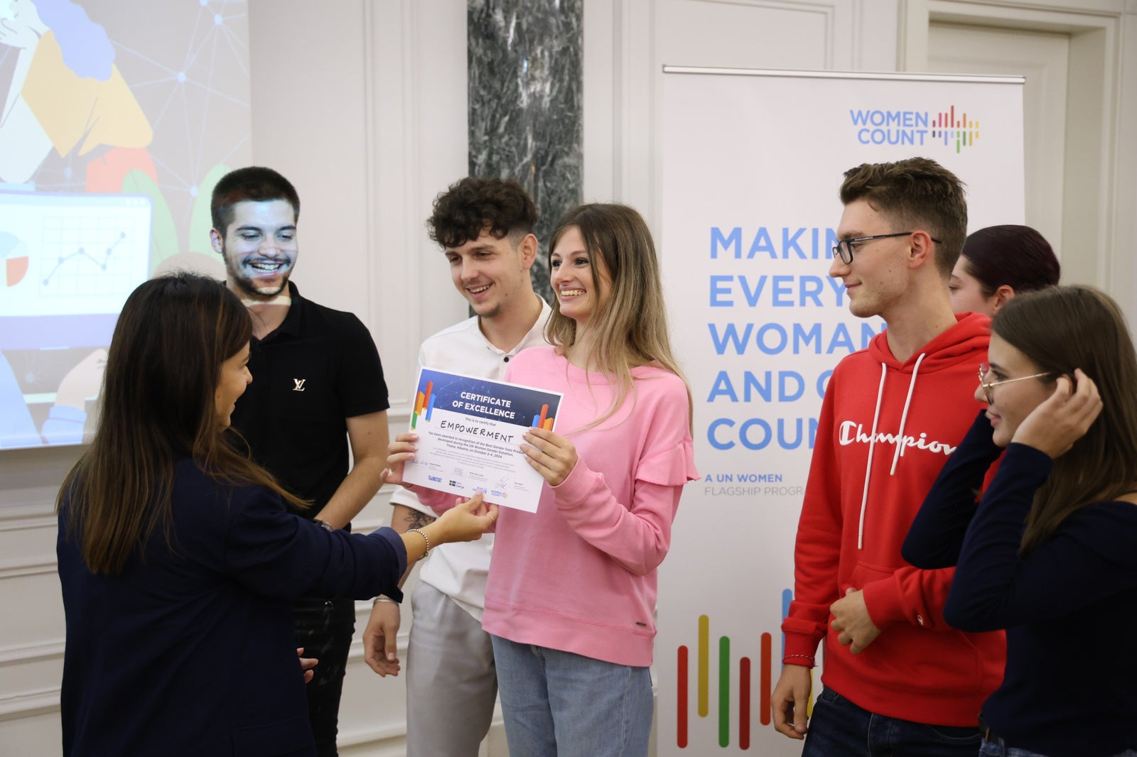 The “Empowerment” team won first place at the Gender Datathon for their project addressing gender stereotypes against women drivers in Albania. 