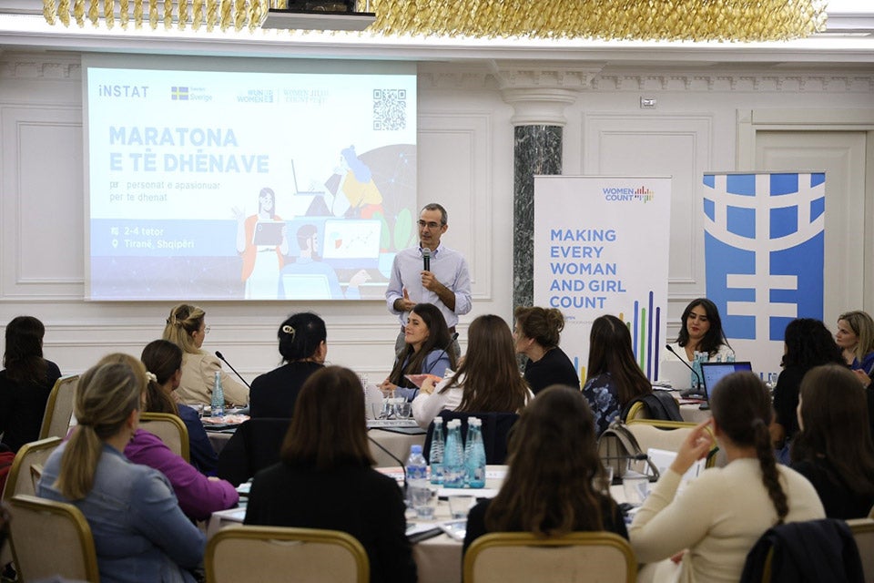 UN Women Albania Representative Michele Ribotta delivers opening remarks at the event. Photo: UN Women