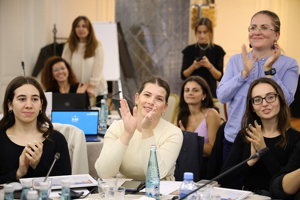 Applause fills the room as prizes are awarded at Albania’s first Gender Datathon. Photo: UN Women