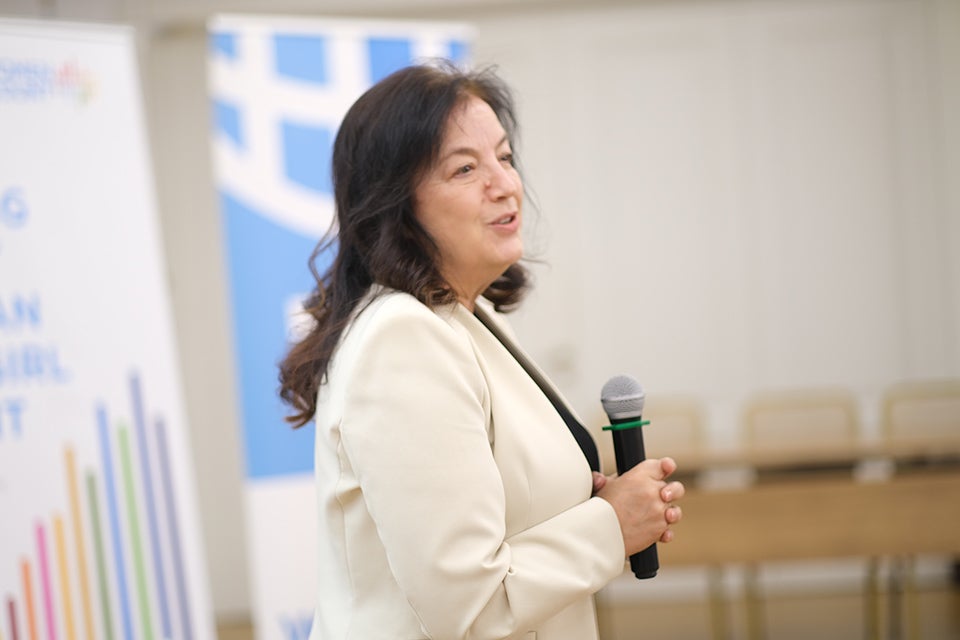 Elsa Dhuli, General Director of the National Institute of Statistics in Albania, delivering her welcoming remarks at the Gender Datathon. Photo: UN Women