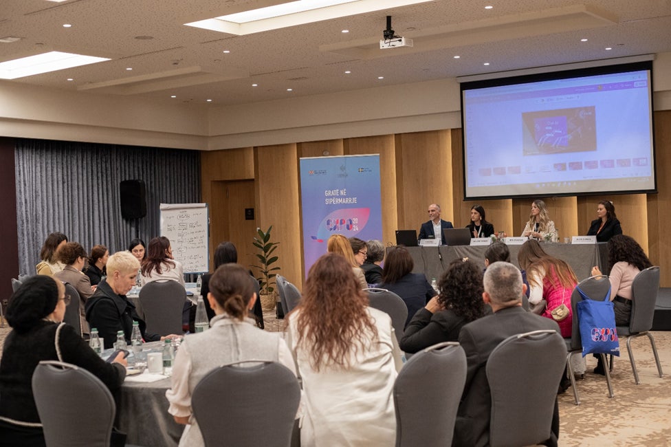 Albanian women entrepreneurs attending the workshops on funding strategies, cost efficiency, digital transformation, and AI-driven marketing. 