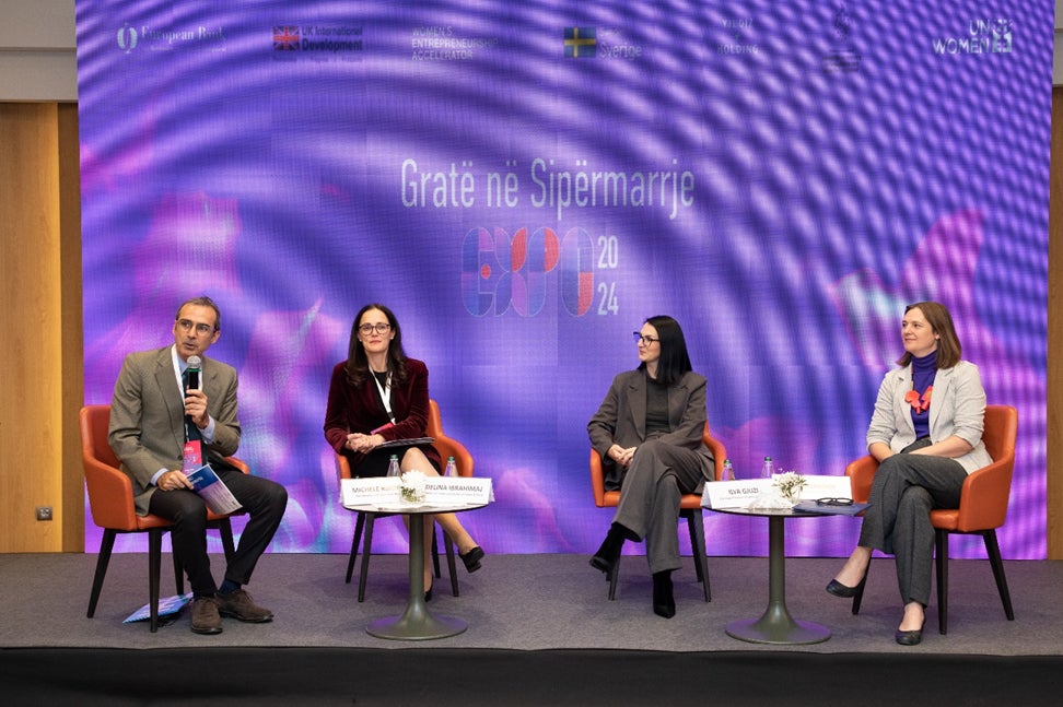 From left to right: Michele Ribotta, UN Women Representative in Albania; Delina Ibrahimaj, Minister of Entrepreneurs and Business Climate; Ilva Gjuzi, Deputy Minister of Tourism and Environment; Mia Marzouk, Deputy Head of Mission, British Embassy to Albania.