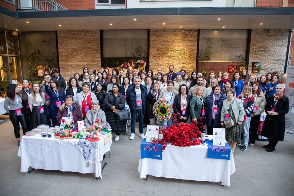 Group photo of women entrepreneurs with the UN Women Albania team at the Expo Fair. 