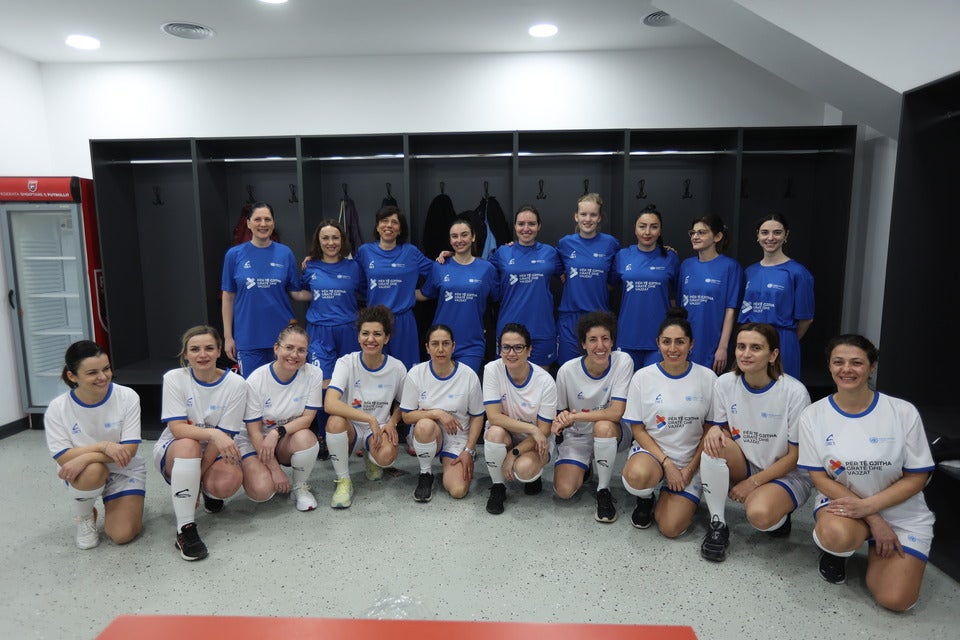 The UN agency teams in the locker room before the game. Photo: UN Women/Danjel Rrapa