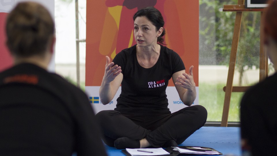 Gentiana Susaj, Aikido black belt (Shodan) and certified instructor for Empowerment through Self Defense during the training. Credit: UN Women Albania/Marsel Dajçi