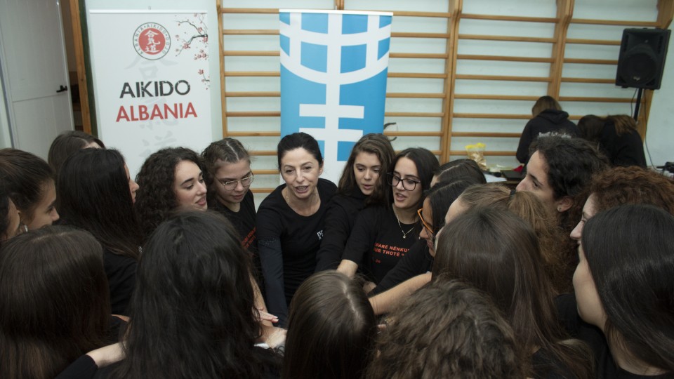 Students of “Petro Nini” high school at the end of the self-defense training. Photo: UN Women Albania/Giulia Dajçi