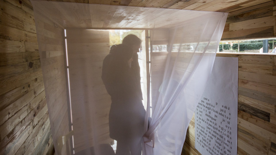 “The Room” installation inside the cube gallery. Photo: UN Women Albania/Marsel Dajçi