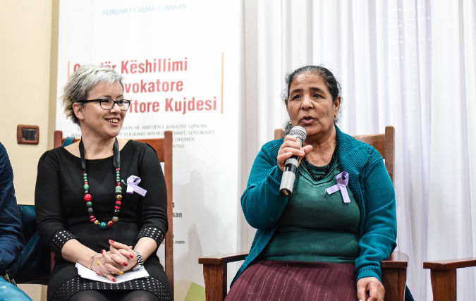 Member of the Roma Community (right) at International Women’s Day awareness raising event in Elbasan, Albania Photo credit: Women Forum Elbasan Organization
