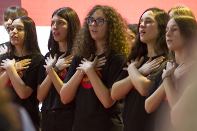 The choir of girls of the Artistic Lyceum singing at the opening of the 16 days of activism Against Gender-Based Violence in Tirana, Albania. Photo: UN Women Albania/Marsel Dajçi