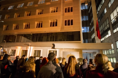 The Ministry of Health and Social Protection lighted in orange at the opening of the 16 days of activism Against Gender-Based Violence in Tirana, Albania. Photo: UN Women Albania/Marsel Dajçi