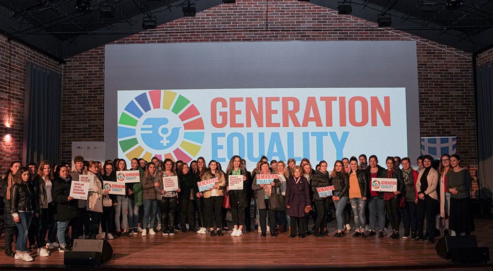 Employees at a fish factory in Elbasan, center Albania, participate at a movie screening for International Women’s Day on 8 March 2020. Photo: UN Women Albania