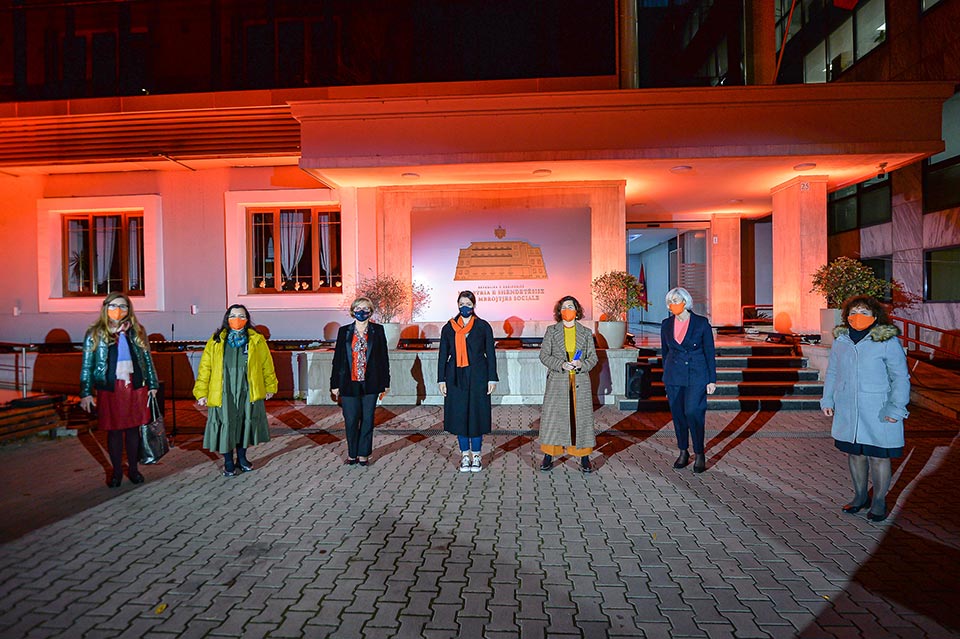 Ministry of Health and Social Protection of Albania, lit in orange at the opening of the 16 Days of Activism. Photo: UN Women Albania/Eduard Pagria