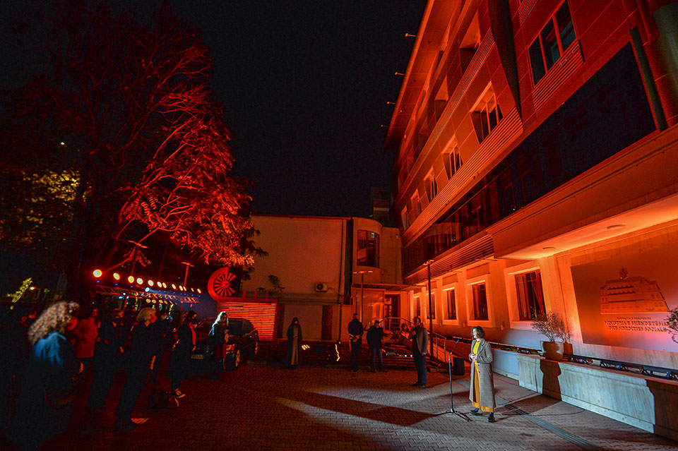 Swedish Ambassador to Albania Elsa Hastad speaking at the opening of the 16 Days of Activism against Gender-Based Violence at the Ministry of Health and Social Protection that was lit in orange. Photo: UN Women Albania/Eduard Pagria