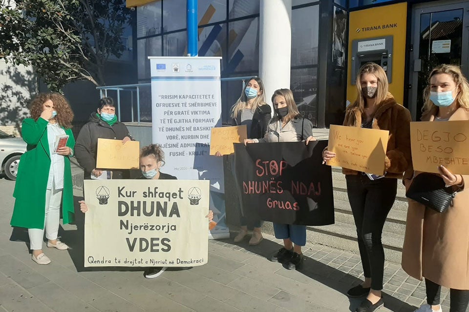 Activists from civil society in Kamza, Albania, join the 16 days campaign. Photo: Human Rights in Democracy Center 