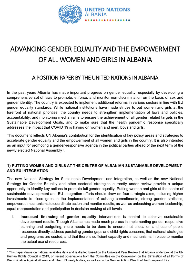 Advancing Gender Equality and the Empowerment of all Women and Girls in Albania - A position paper by the United Nations in Albania