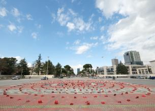 “Red Shoes” installation at “Mother Teresa” Square, Tirana, Albania. Photo: UN Women Albania