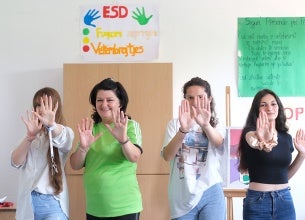 (Left to right) Paola Frroku, Leze Frroku, Klara Ndreca and Angjelina Moli at their ESD class at “Karl Gega” high school, Lezhë, Albania. Photo: UN Women Albania