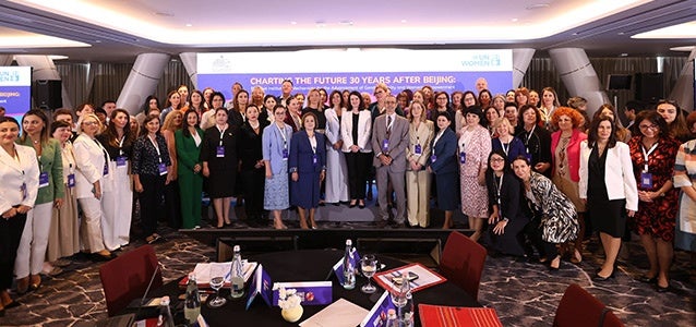 Group photo from the international conference “Charting the Future 30 Years after Beijing: Effective Institutional Mechanisms for the Advancement of Gender Equality and Women's Empowerment”, Tirana, Albania. Photo: UN Women