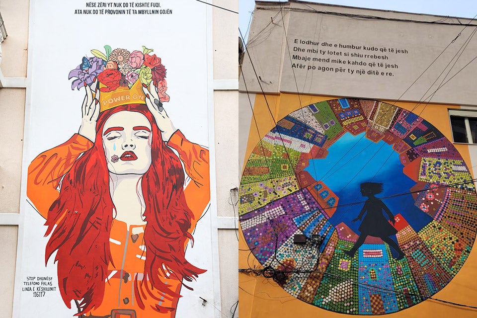 Left: Ilektra Jole artwork in the city of Lezhe. Right: Drenusha Zajmi artwork in the city of Durres. Photo: UN Women Albania