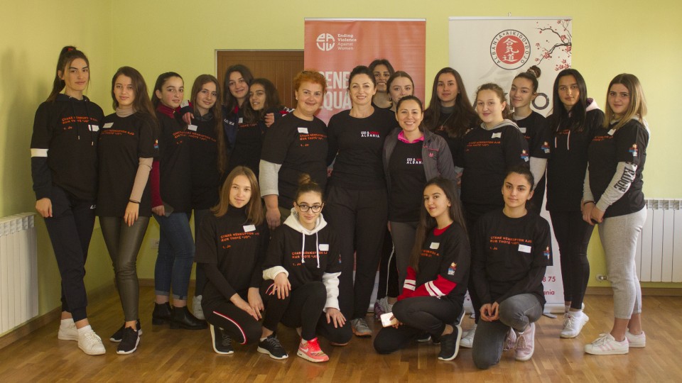 High school students in Rreshen, Albania attending the training on self-defense. Credit: UN Women Albania/Marsel Dajçi